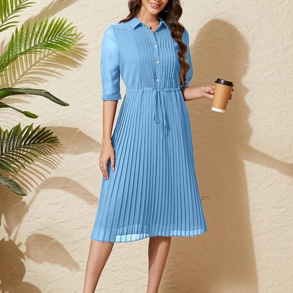 Chic Long Sleeve Blue Pleated Dress - Picture 4 of 9
